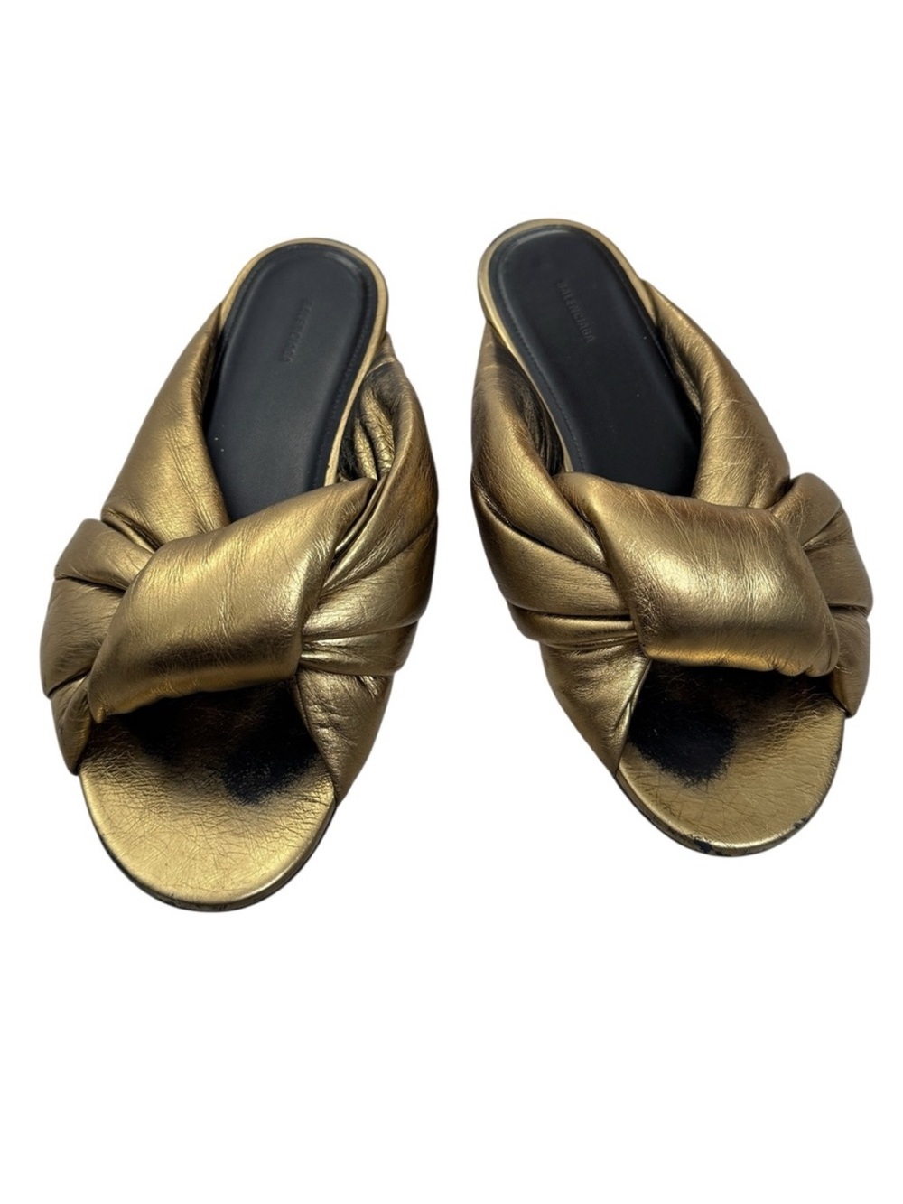 Balenciaga Drapy Gold Leather Slip‎ On Slide Sandals